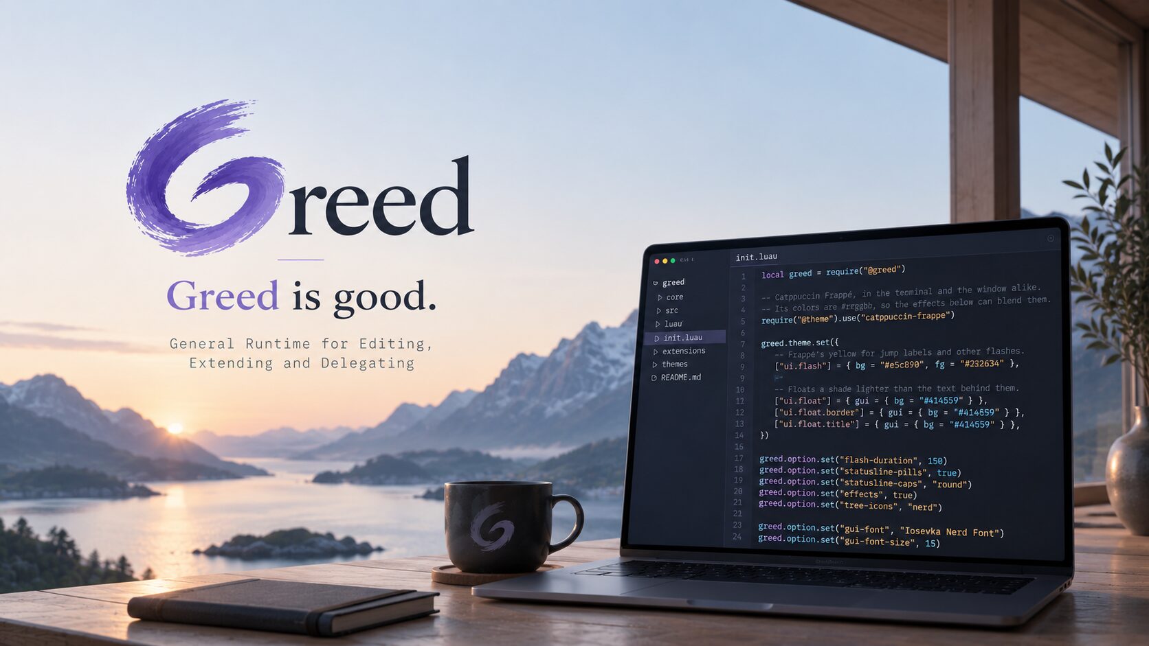 The Greed logo and the line “Greed is good.” beside a laptop showing a Greed config file, at a window over a fjord at sunrise.